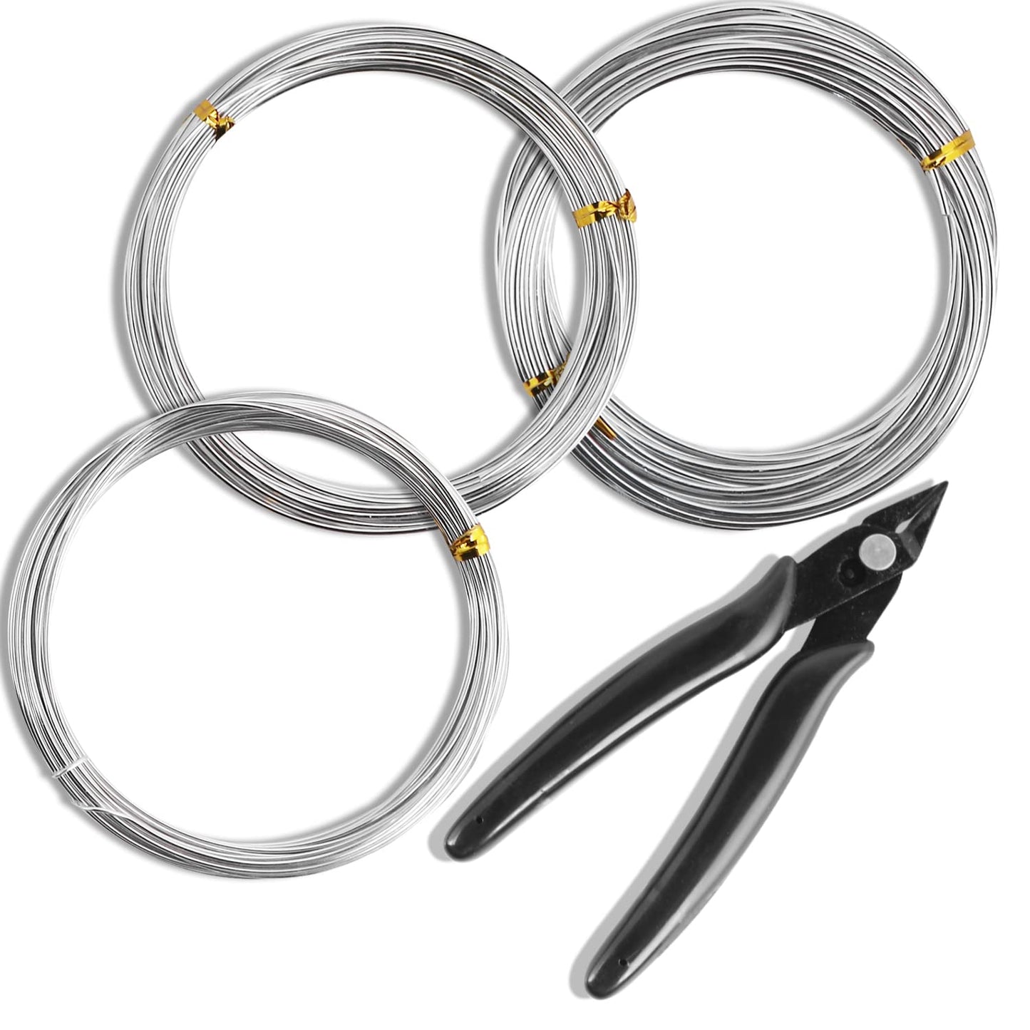 Sanlykate Bonsai Wire Tool Kit with Cutter, 3 Roll Tree Training Wires 98 Feet Total, 1.0mm, 1.5mm, 2.0mm Anodized Aluminum Wire Set, Hold Plant Branches Trunks - Silver