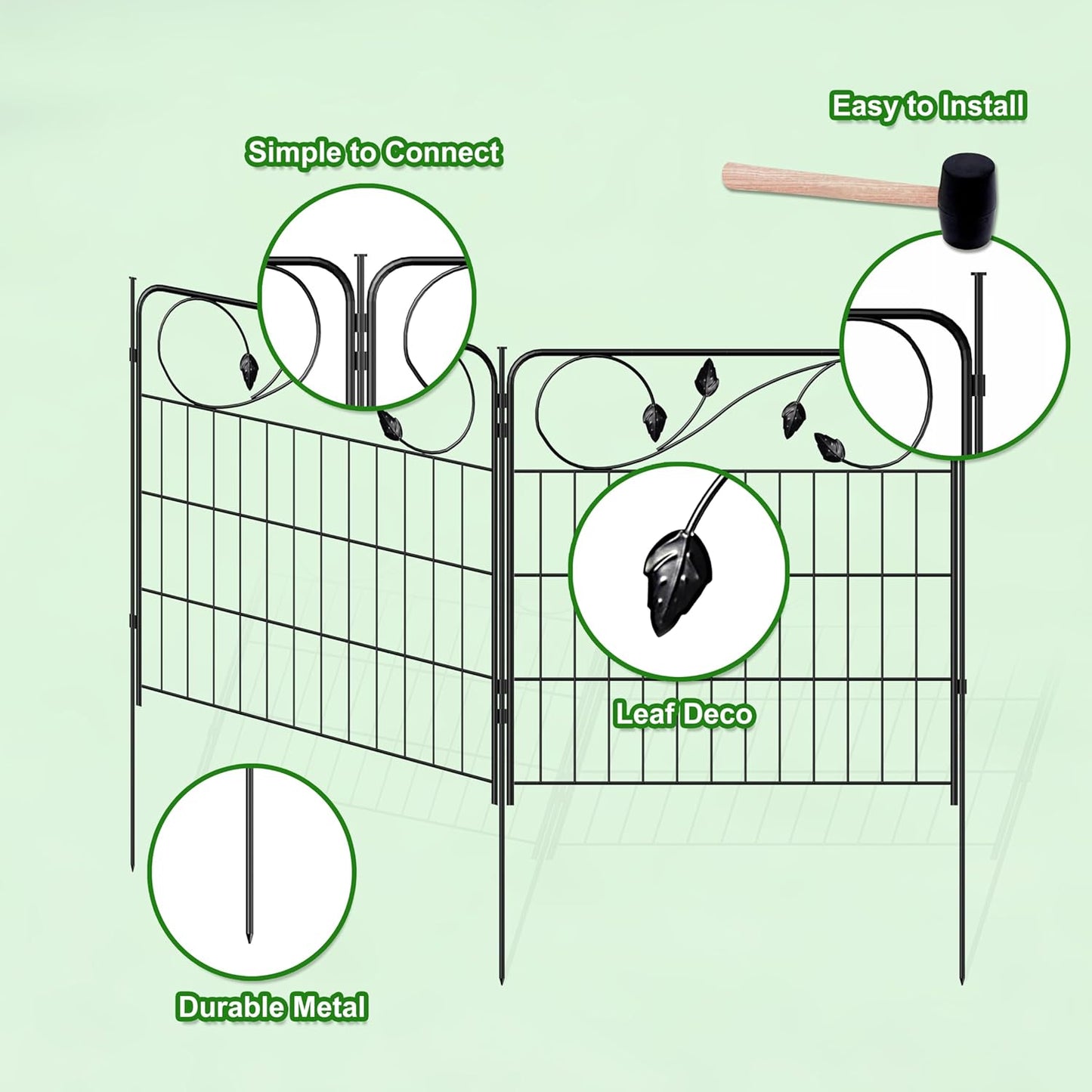 Decorative Metal Garden Fence 24in(H) X10ft(L) 5 Panels Leaf Black Rustproof Wire Border Fence for Landscape Patio Flower Bed Garden Fencing Panel Animal Barrier for Dogs