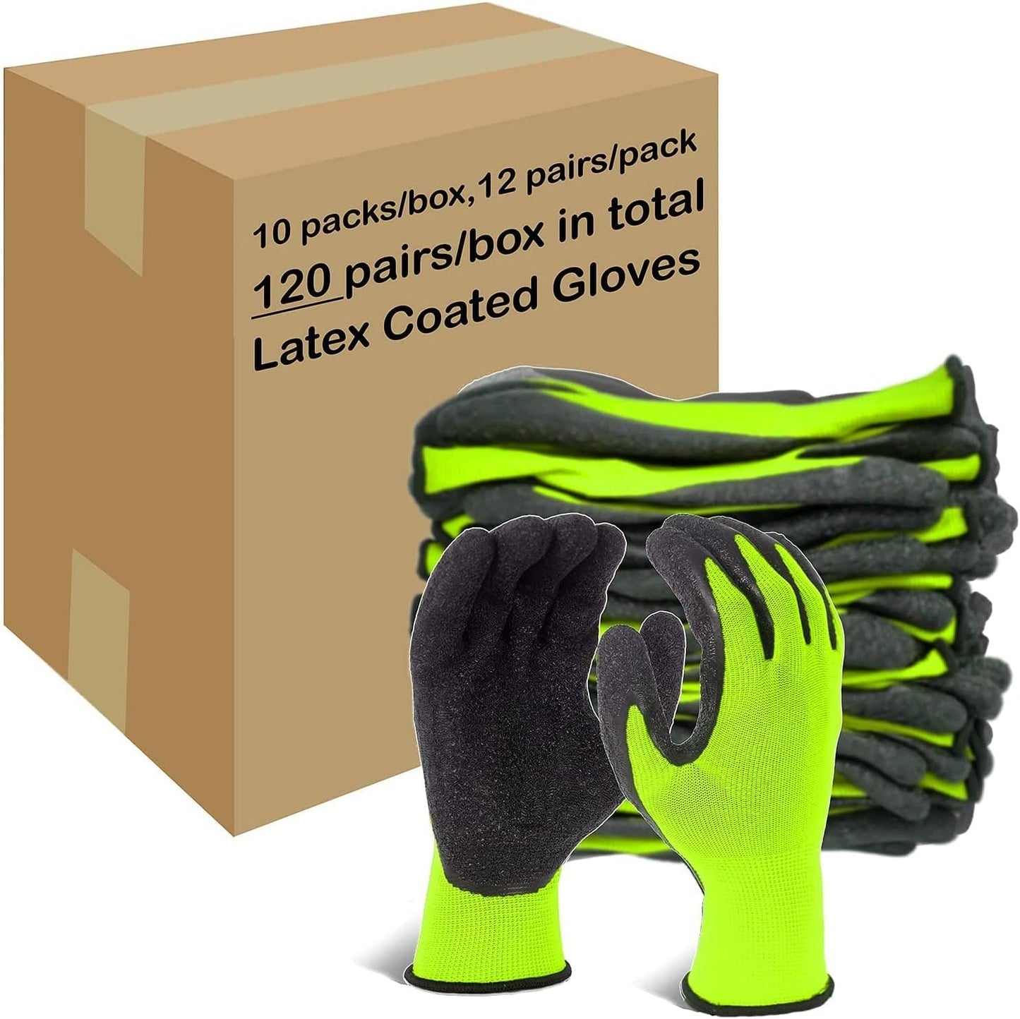 Evridwear Crinkle Latex Rubber Hand Coated Safety Work Gloves for Men Women General Multi Use Construction Warehouse Gardening Assembly Landscaping (S-Size) Lime 120 Pairs Pack