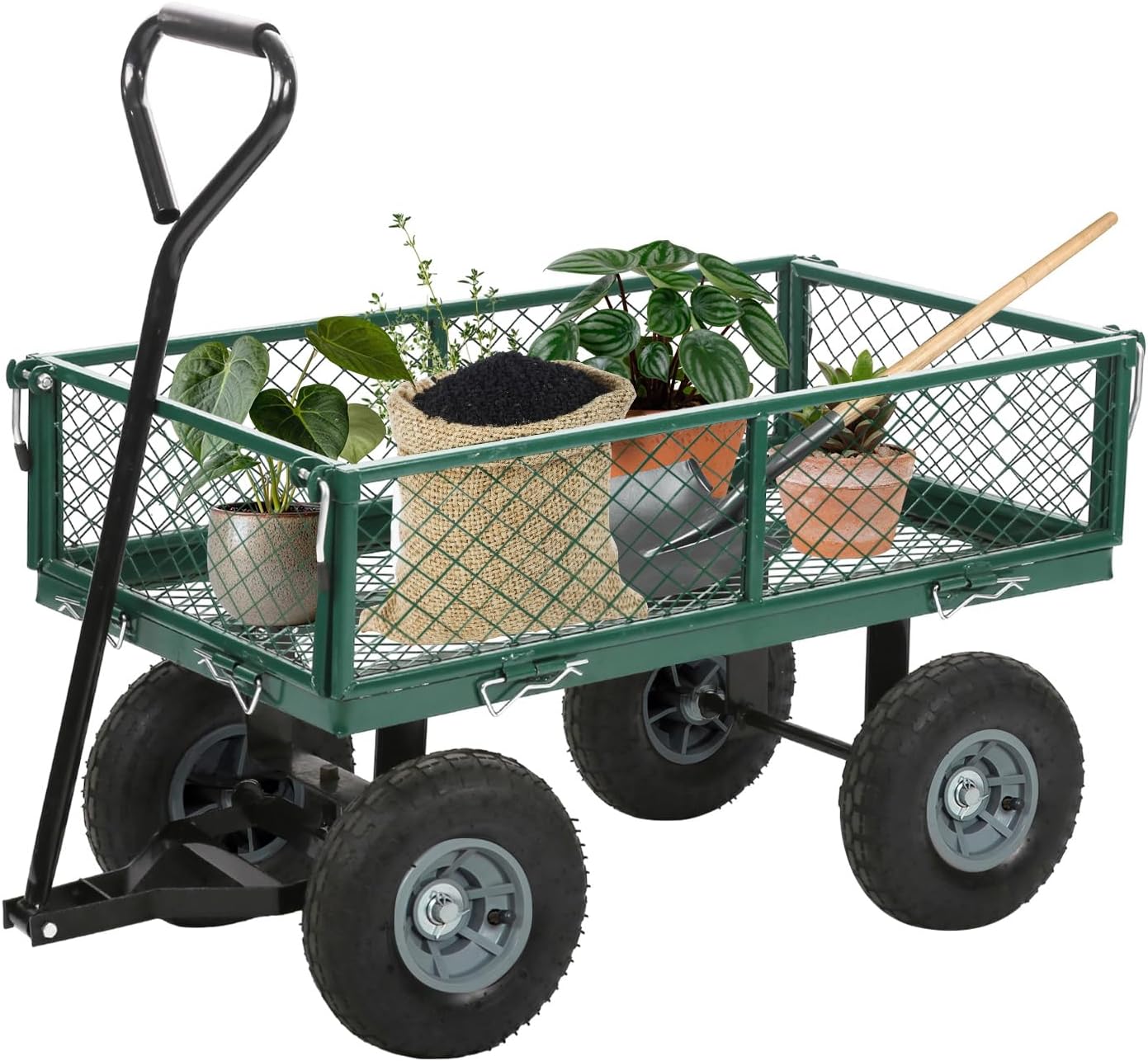 FDW Garden Cart Streel Heavy Duty 500 LBS Capacity，Utility Cart Wagon with Removable Sides and 180°Rotating Handle for Yard, Lawn and Garden Hauler (Dark Green)