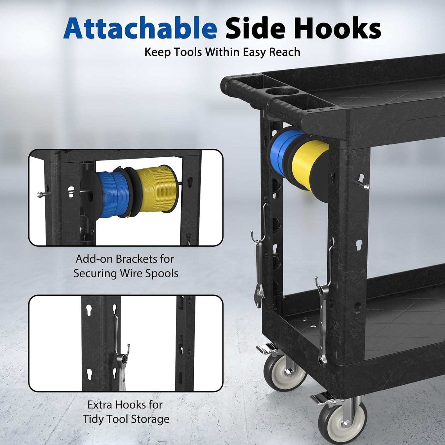 Heavy Duty Rolling Utility Cart with Wheels 2 Tier Utility Plastic Service Work Cart for Shop, Garage, Warehouse, Maintenance 550 lbs