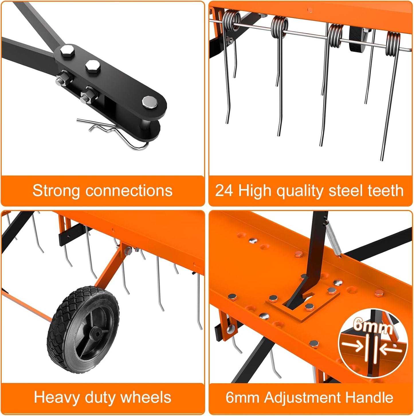 48inch Tow Behind Dethatcher with 24 Spring Steel Tines, Lawn Tractor Rakes with Lift Handle, Tow Behind Rake to Remove Thatch, Riding Lawn Mower Attachments for Outdoor Yard Tools Lawn Care