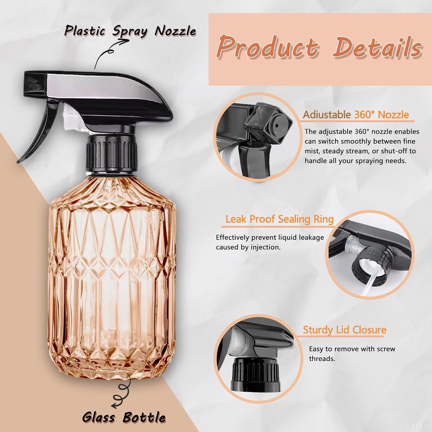 Empty Glass Spray Bottles, 15oz Refillable Water Bottle Spray, Plastic Top Pump, Reusable Adjustable Mist Sprayer Squirt, Handheld Bottles Containers Refillable for Hair, Cleaning, Gardening, Plants