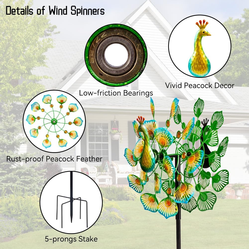 Peacock Wind Spinners Outdoor,13” Metal Wind Spinner Garden Pinwheels,360°Peacock Wind Sculptures & Spinners,Kinetic Wind Spinners for Yard and Garden(13.8”W X 64.2”H)