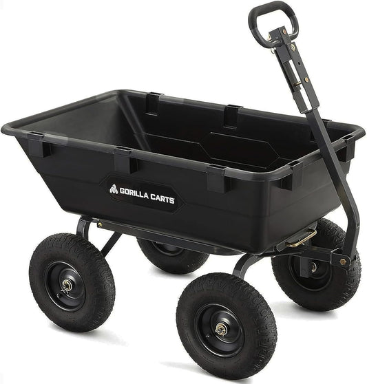 Gorilla Carts Heavy-Duty Poly Yard Dump Cart, 6 Cu Ft Tub, 1200 lb Haul Capacity, Black – Towable Utility Wagon with Quick-Release Dumping & Pneumatic Tires for Landscaping and Gardening