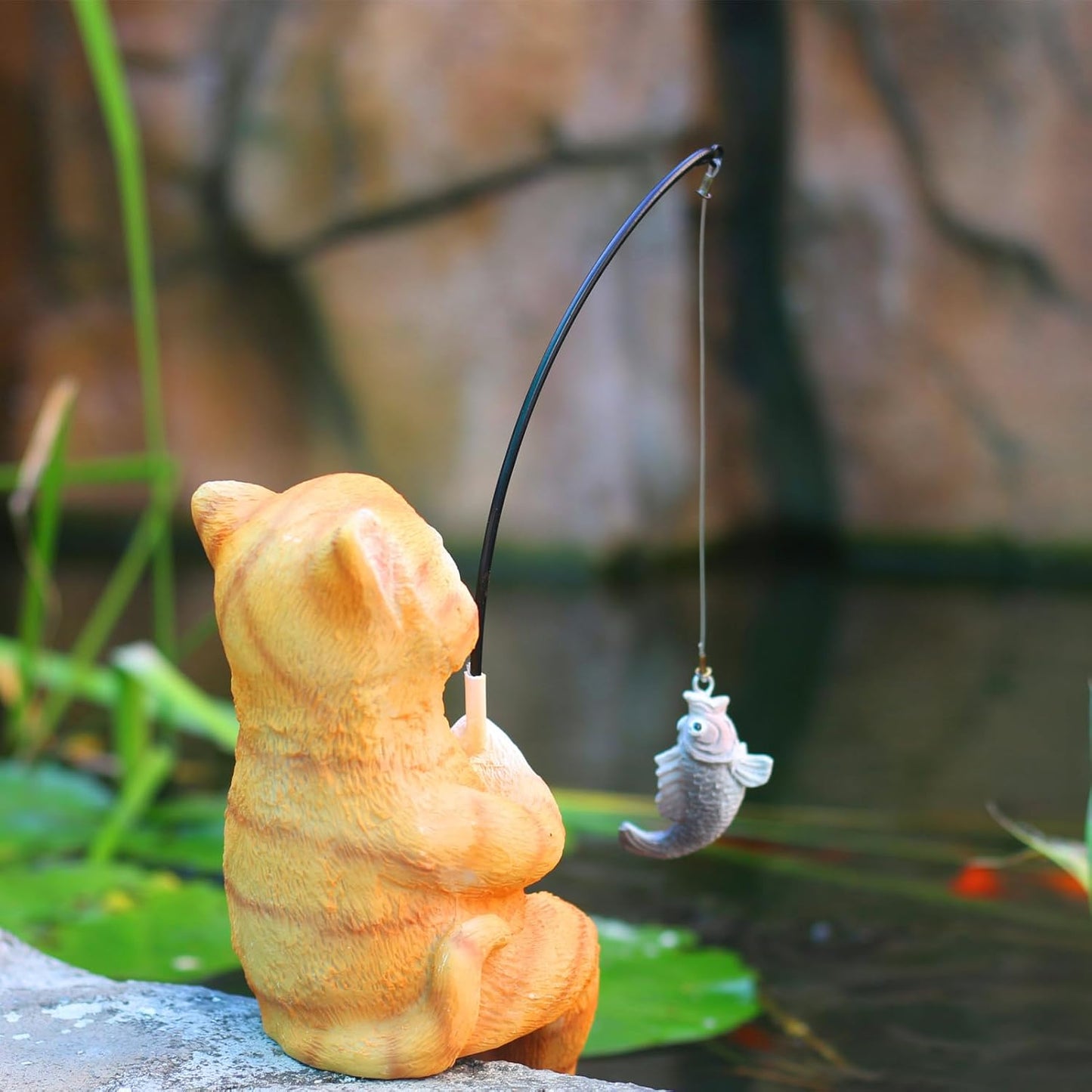 Cat Decoration for Yard Outdoor Garden Decor 9.7 Inch Tall Fishing Cat Statue for Koi Pond, Waterfalls or Poolside Ornaments, Fisher Guy Cat Figurine Pond Decor, Gift for Mom & Women