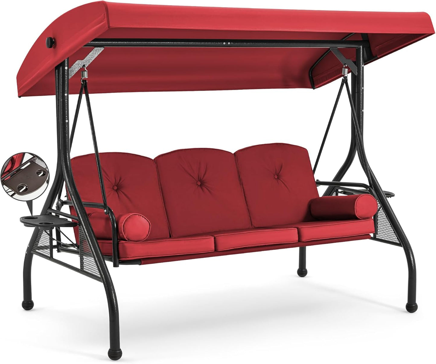 HOMREST 3 Seat Outdoor Porch Swing with Adjustable Canopy, Convertible Patio Swing Bed with Stand, Patio Glider Swing with Upgraded Cup Holder, Thicken Cushions ＆ Pillow for Backyard (Wine Red)
