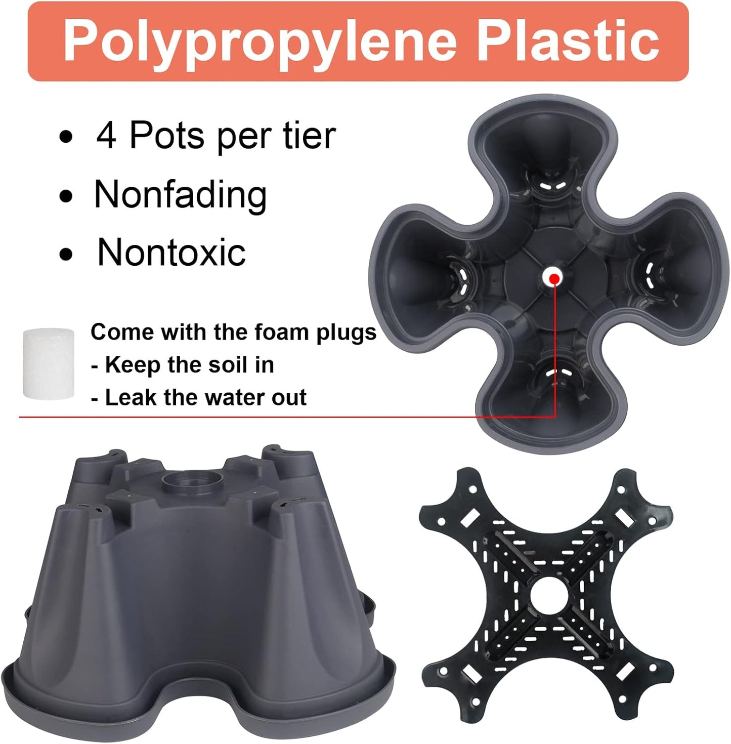 DUNCHATY Stackable Planter, Vertical Garden Planter with Wheels and Tools, Self Watering Strawberry Planter Indoor/Outdoor 4 Tier Herb Planter Pots for Growing Vegetables and Succulents, Dark Gray