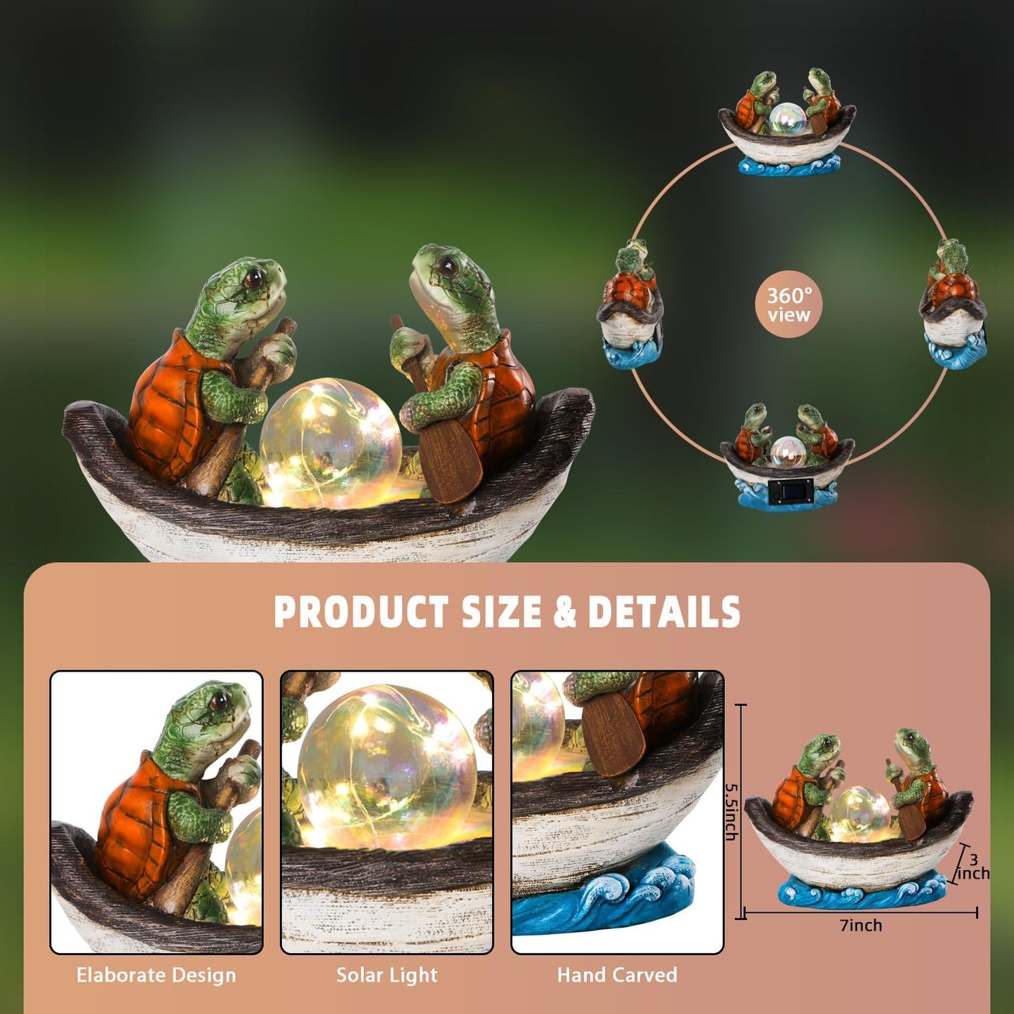 Solar Turtles Boating Garden Statue with Ball Light 5.5" Resin Turtle Figurines Outdoor Statues for Garden Patio Porch Yard Lawn Women Kids Men