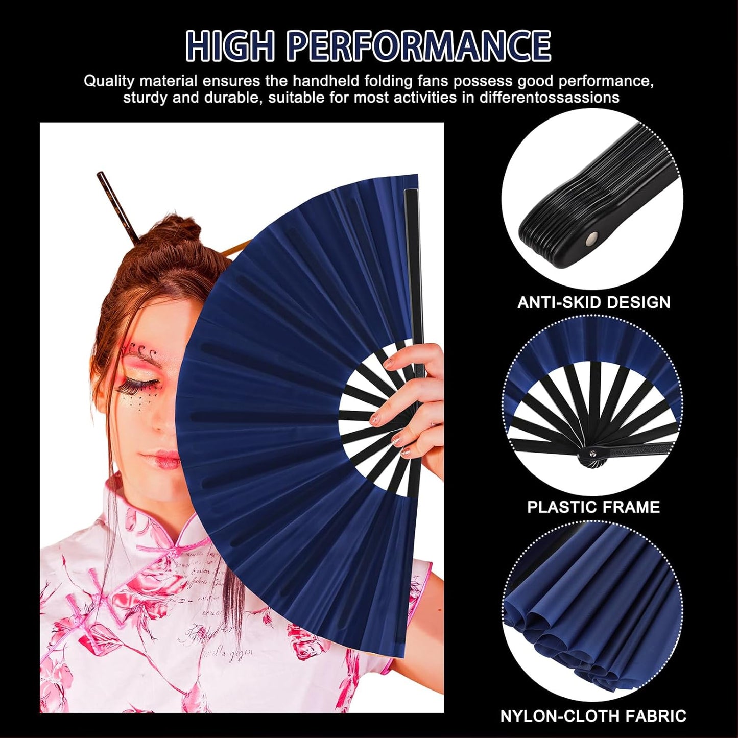 Blulu 4 Pcs 13 Inch Large Folding Hand Fans for Line Dancing Big Clapping Popping Raves Fans Bulk for Dancing Boots on the Ground Festival Party Decoration(classic Style, Navy, 13 Inch)