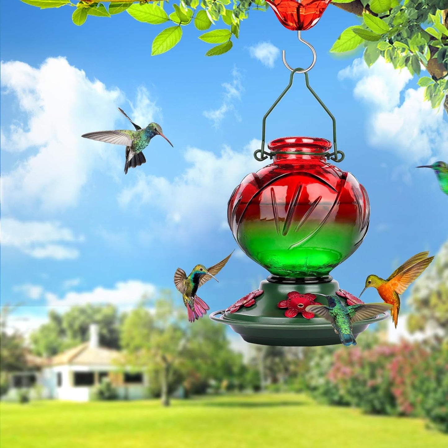 BOLITE Hummingbird Feeder, Glass Hummingbird Feeders for Outdoors Hanging, 22 Ounce, Five Feeding Ports with Perch, Peony Flower Shape, Red and Green, Gifts for Women Men, Gifts for Mom Dad