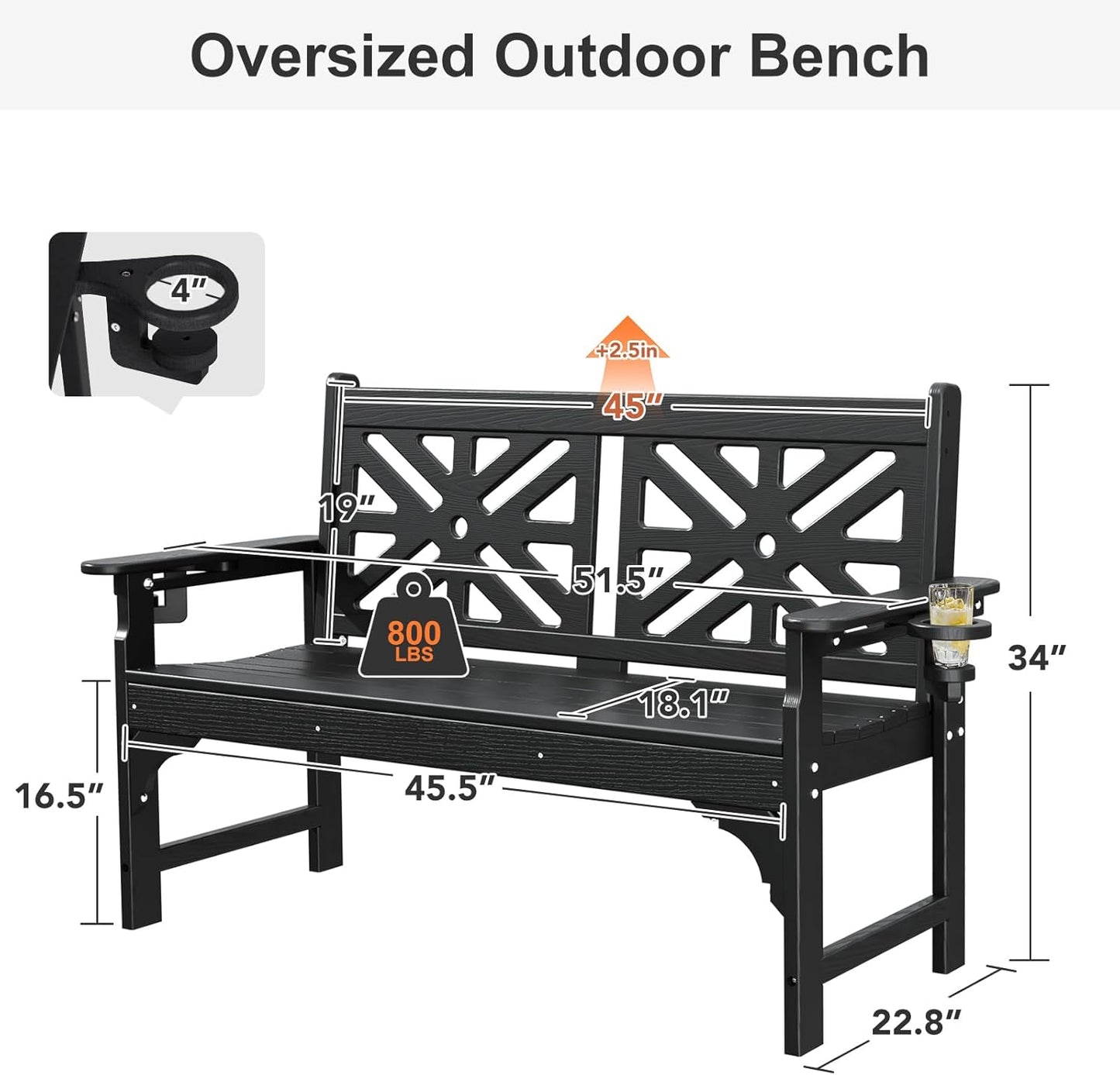 Oversized Outdoor Bench with Cup Holders, 51.5” HDPE Aesthetic Garden Bench for 2 Person, Memorial Benches - Easy Assembly & All Weather, for Porch & Patio, 800lbs Load Capacity (Black, 1pc)