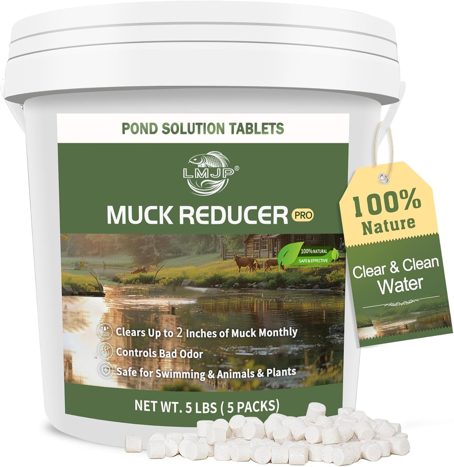 Muck Reducer - 5LB Natural Sludge Solution Tablets for Ponds & Lakes, Away Muck & Odor Control, Safe for Aquatic Life, Wildlife & Recreation, Treats Up to 30,000 Sq Ft