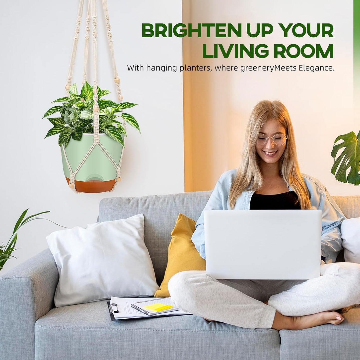 2-Pack 7.2-Inch Self-Watering Hanging Planters for Indoor & Outdoor Plants,34-Inch macrame hanger plant pots indoor with drainage,Small Hanging Planters & Baskets in Green,With two sets of hooks