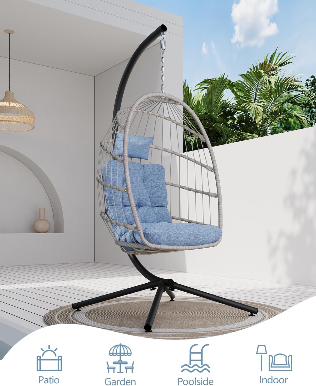 SWITTE Egg Chair Outdoor with Stand, Indoor Wicker Hanging Egg Swing Chair with Cushion, 350lbs Capacity for Patio, Bedroom, Garden - Light Blue