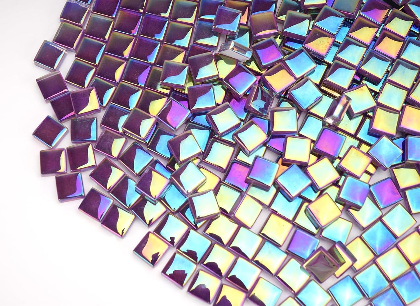 300G Iridescent Mosaic Tiles for Crafts, 335pcs Small Purple Crystal Glass Tiles for Mosaic Making Projects, 3/8" Square Stained Glass Mosaic Pieces for DIY Mosaic Work, Tiles for Glass Art