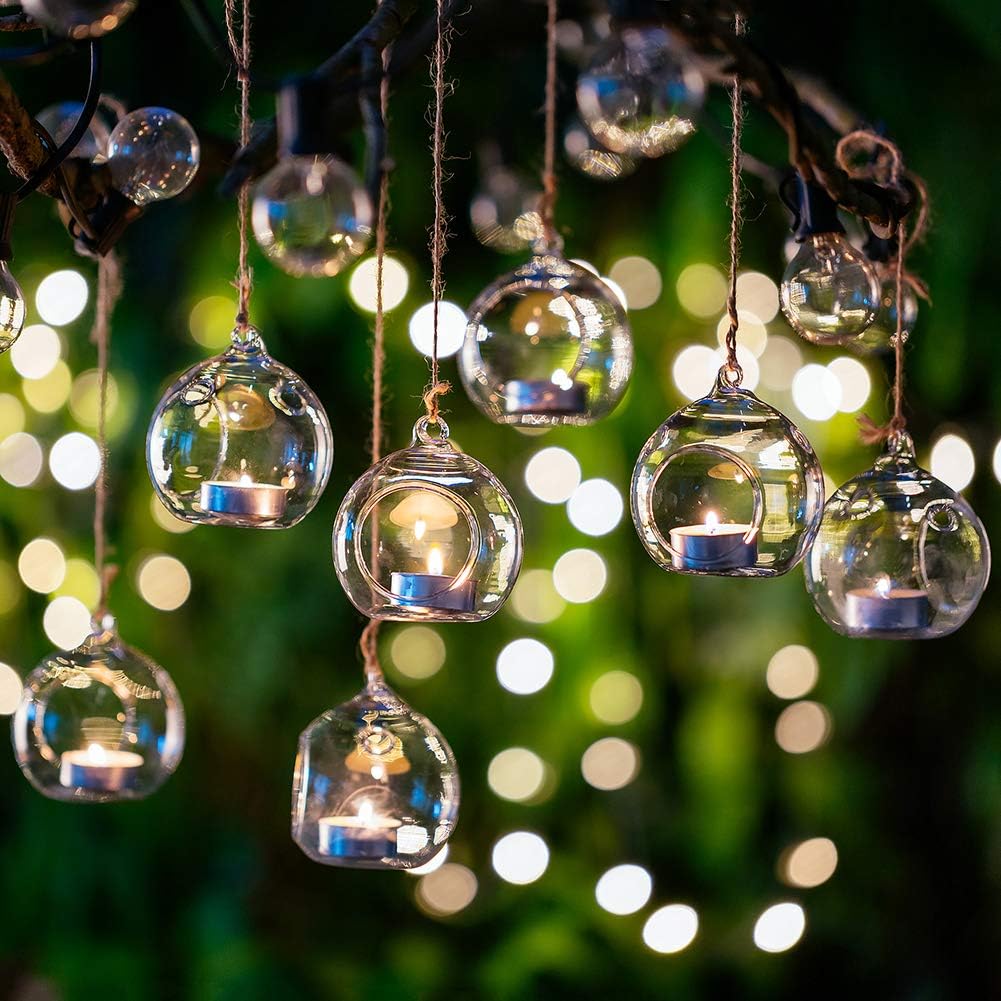 Nuptio 8 Pcs 3.15"/ 8cm Hanging Glass Tealight Holder Globe Plant Terrariums Glass Orbs Air Plants Tea Light Candle Holders Home Decor Indoor Outdoor Garden (with 2 Holes, 6 Pcs + 2 Pcs)