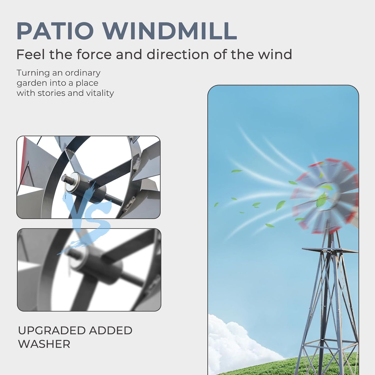 Outvita 8FT Ornamental Windmill, Heavy Duty Durable Metal Weather Vane Garden Decoration Weather Resistant for Garden, Yard, Farm, Seaside (8ft-Gray)