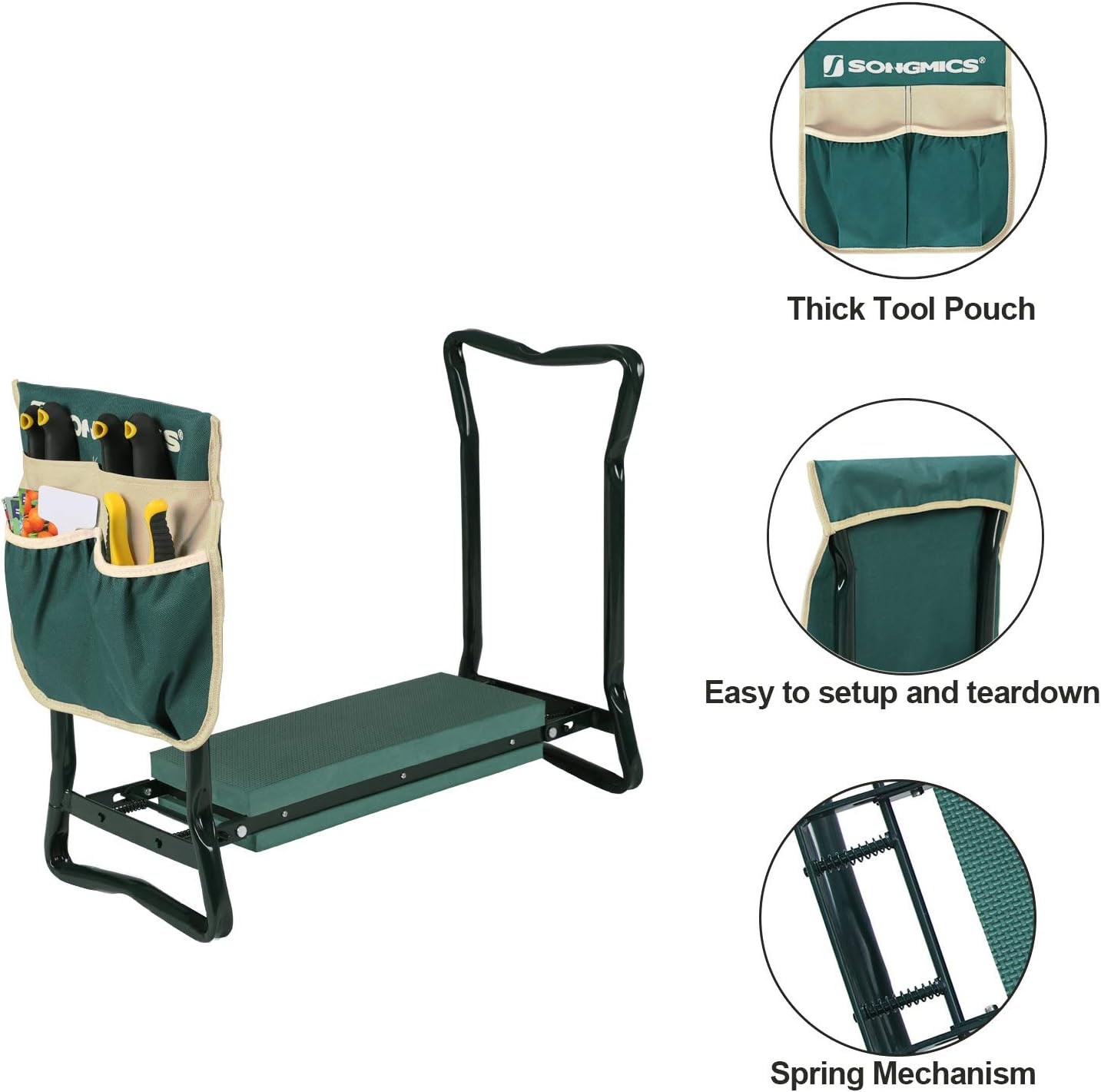 SONGMICS Garden Kneeler and Seat, Multifunctional Garden Kneeling Bench, Gardening Gifts for Women Men, Folding Gardening Stool, with 1 Tool Bag, 6-Inch Wide Kneeling Pad, Dark Green UGGK49L