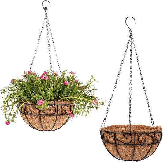 2 Pack 10 inch Metal Hanging Baskets for Plants Outdoor, Hanging Planters Basket with Coco Liners, Hanging Baskets Flower Pots for Garden, Patio, Deck, Porch Plants