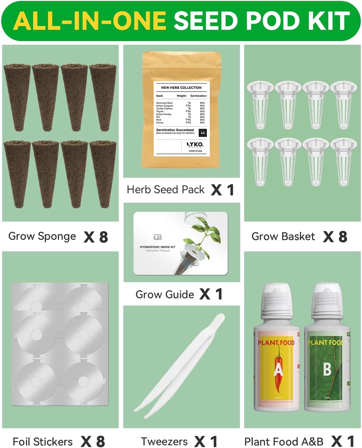 Gourmet Herb Seed Pod Kit Compatible with AeroGarden, idoo, Ahopegarden, Gardencube with Basil, Parsley, Thyme, Mint, Cilantro, Dill, Oregano, Chives - Compatible with All Hydroponics(8-Pod)