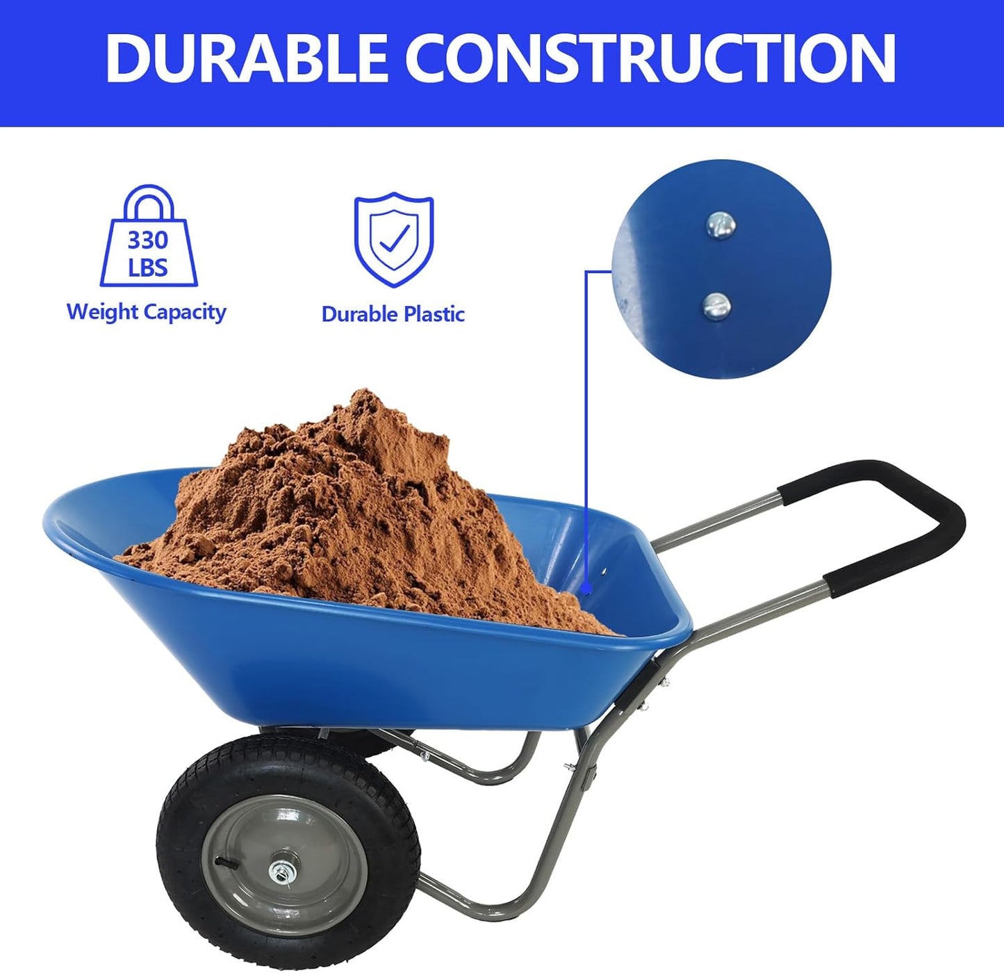 Dual Wheel Wheelbarrow, Heavy Duty Garden Cart, 300 lbs Capacity Utility Cart with Two 15 inches Pneumatic Tires for Outdoor Lawn Yard Farm Ranch (Blue)