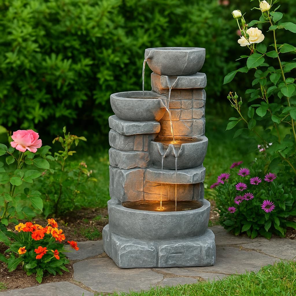 Teamson Home 33" Outdoor Water Fountain with LED Lights, 3-Tier Cascading Bowls, Weather-Resistant Resin Garden Water Feature for Patio, Lawn, and Backyard Decor – Stone Gray