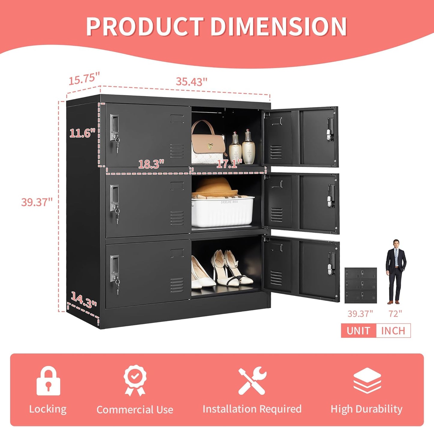 Metal Lockers for Employees, Office Storage Locker with 6 Doors, Black, 35.43" W x 15.75" D x 39.37" H, Steel Staff Locker Storage Cabinet for Gym, Home, School, Garage, Assembly Required