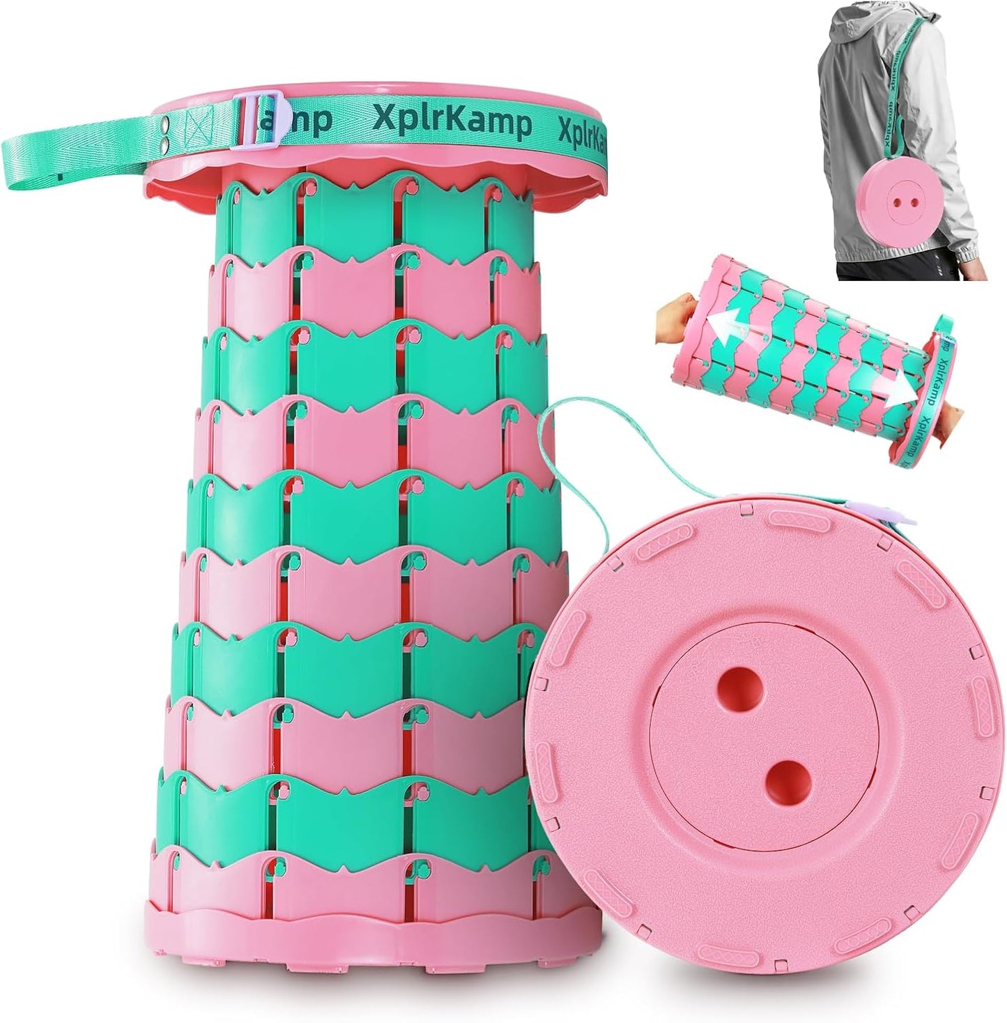 Retractable Folding Stool - Heavy Duty 400 lb Collapsible Portable Stool for Camping, Hiking, Fishing, Indoor/Outdoor with Non-Slip Base and Lightweight Design (Pink Green, 1-Pack)