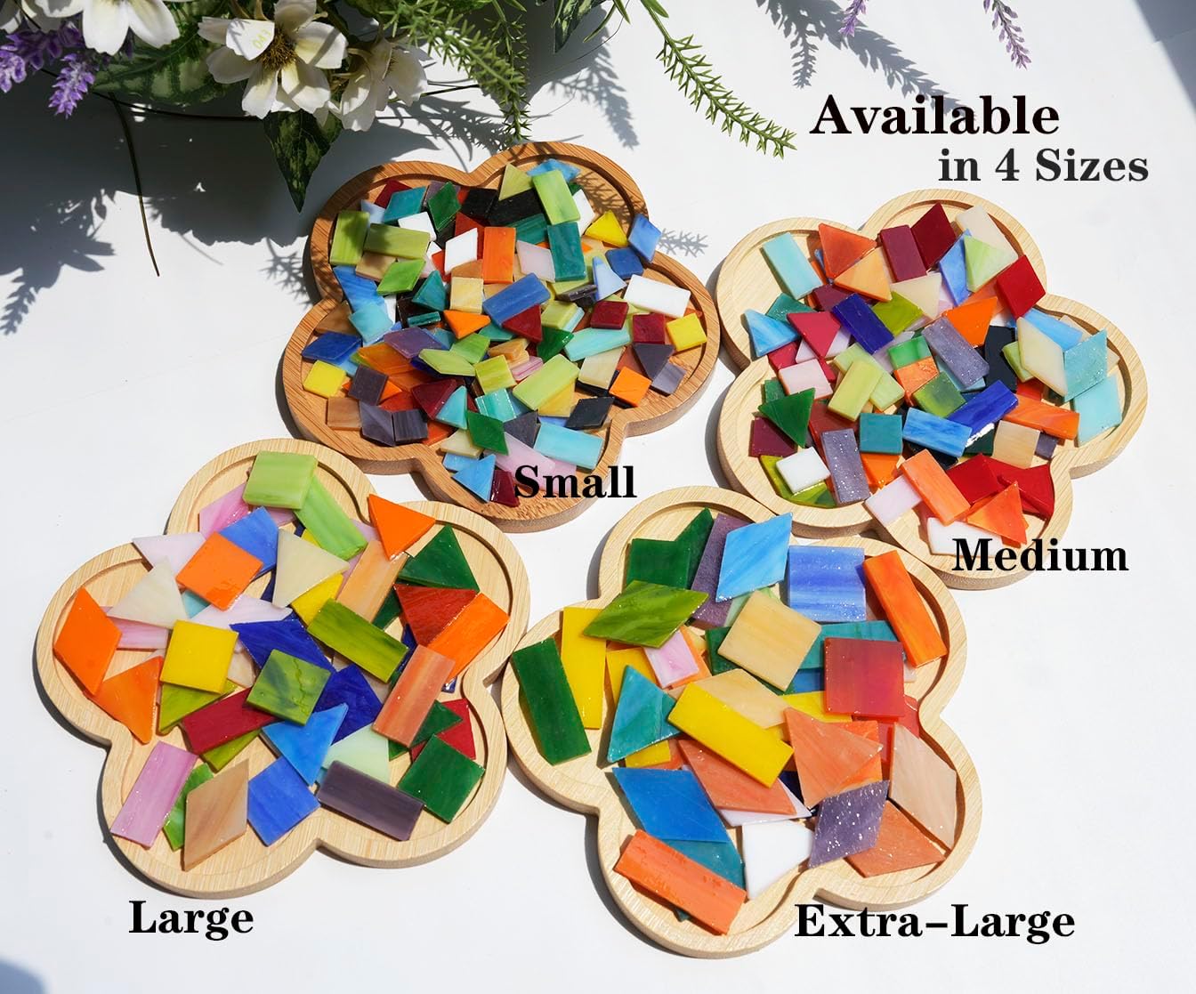 Lanyani 2.5lb Bulk Large Size Stained Glass Mosaic Tiles – 500 Pre-Cut Pieces in 4 Mixed Shapes, Vibrant Colors, Fade-Resistant Glass Tile for DIY Crafts, Indoor/Outdoor Art Projects