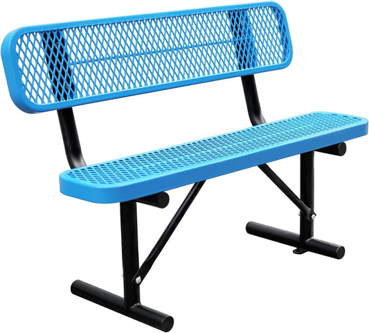 4Ft Outdoor Bench with Blue Portable Frame, Outdoor Steel Park Bench with Backrest, Expanded Metal Mesh Bench for Outside, Lawn, Backyard, Park, Deck, Garden, Patio, Porch, Blue