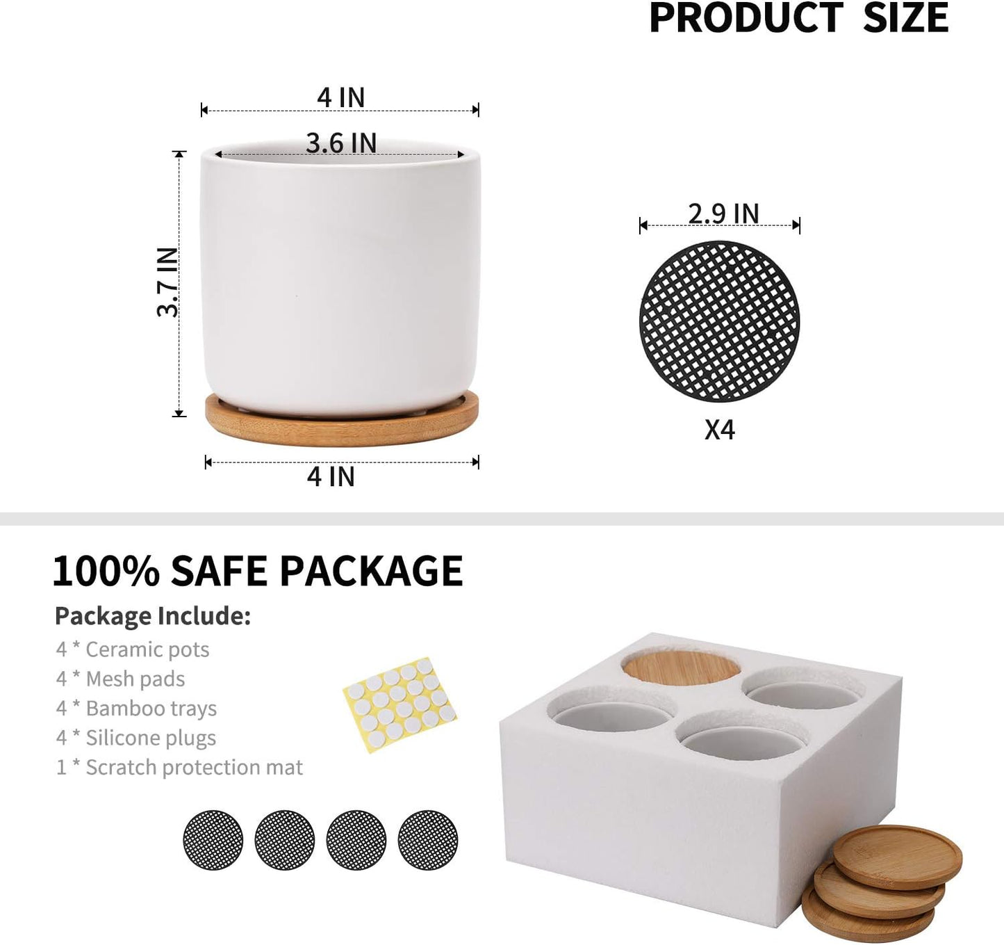 OMAYKEY 4 Inch Ceramic Plant Pot with Saucer, White Planters Pots with Drainage Hole and Mesh Pads for Succulent, Snake, Cactus, Herbs - 4 Packs(Plant Not Included)