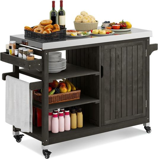 YITAHOME Solid Wood Patio Bar Table XL Outdoor Storage Cabinet Bar Table with Spice Rack and Lockable Wheels, Portable Outdoor Kitchen Island for Patio, Garden, Porch, Balcony, Brown
