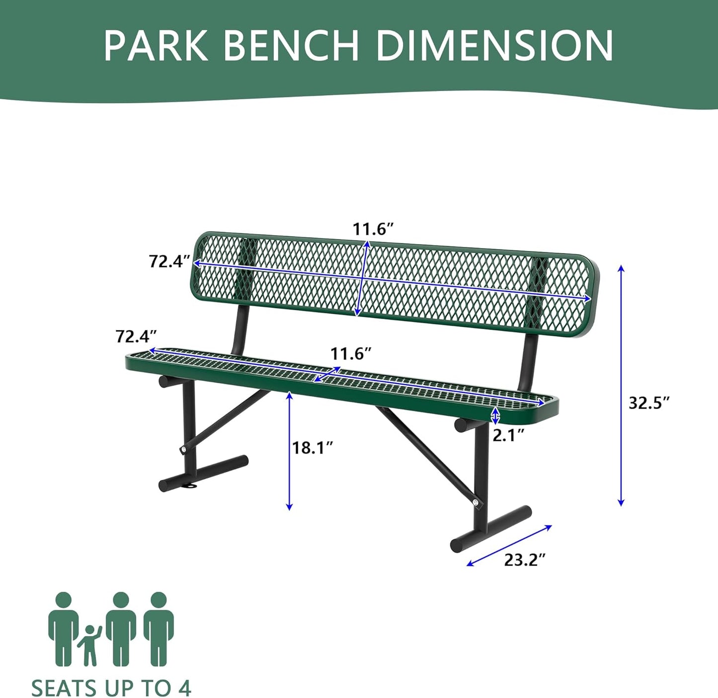 4/6/8 Feet Park Bench for Outside Heavy Duty Metal, Garden Benches Outdoor Bench with Backrest & Portable Frame, for Shopping Malls Stores Parks Patios Decks, Green