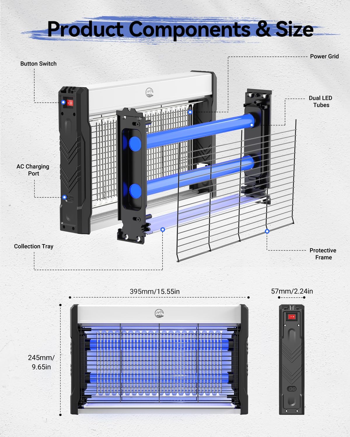 Electric Bug Zapper, 3000V High-Voltage Indoor Fly Killer, Powerful Electric Mosquito Zapper for Fly, Mosquito, Fruit, Moth, Gnat, Trap with Removable Washable Tray for Home Patio Backyard