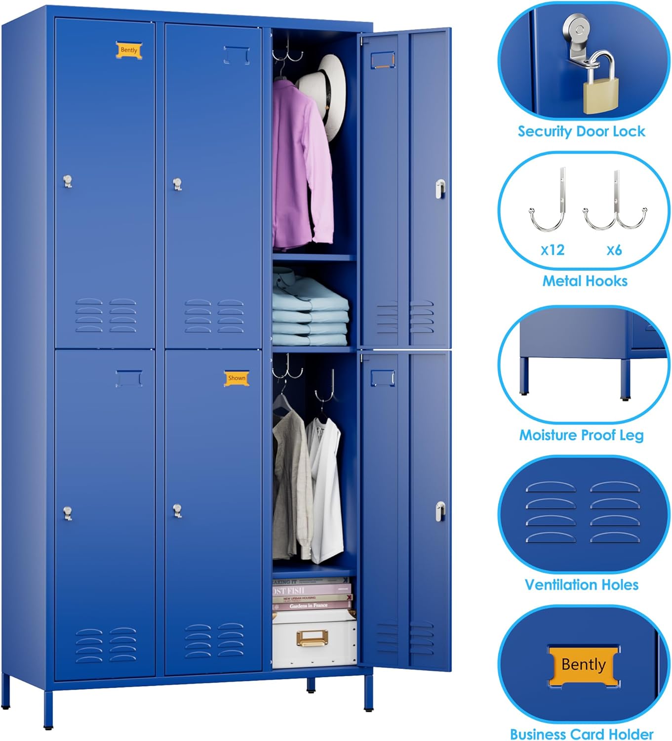 6 Doors Metal Locker for Employees with 18 Hooks and Business Card Holder,Metal Locker with Ventilation Holes for School Garage Office Gym Home,Assembly Required,Blue