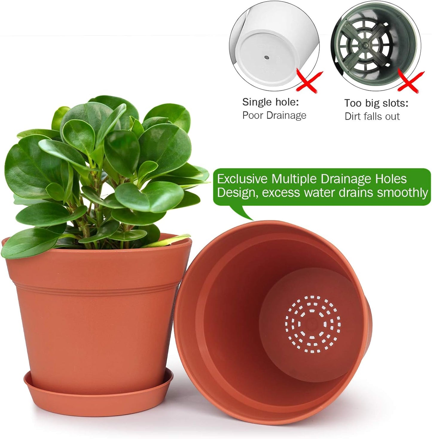 homenote Pots for Plants, 15 Pack 6 Inch Plastic Planters with Multiple Drainage Holes and Tray - Plant Pots for All Home Garden Flowers Succulents (Terra Cotta)