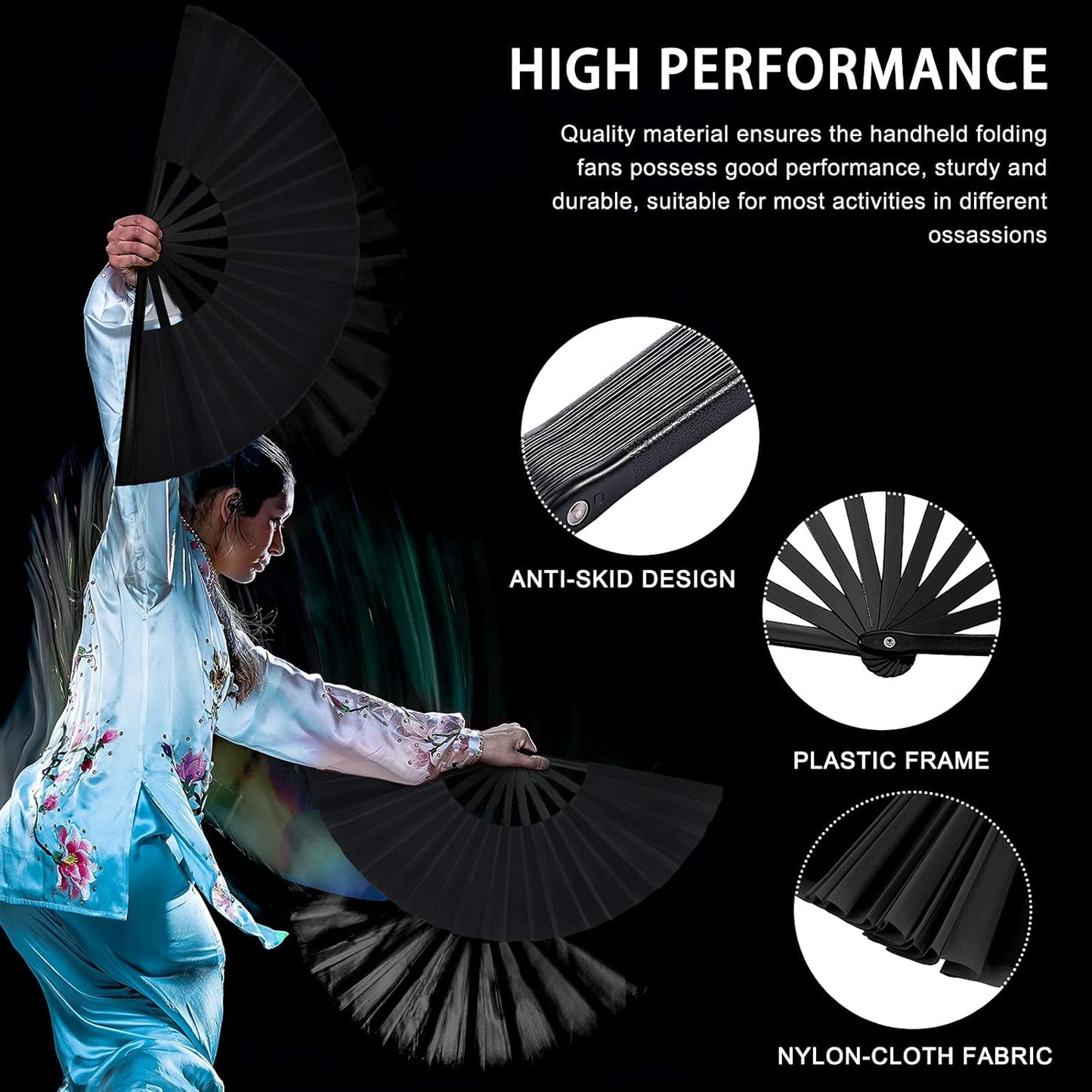 Blulu 4 Pcs 13 Inch Large Folding Hand Fans for Line Dancing Big Clapping Popping Raves Fans Bulk for Dancing Boots on The Ground Festival Party Decoration(Classic Style, Black)