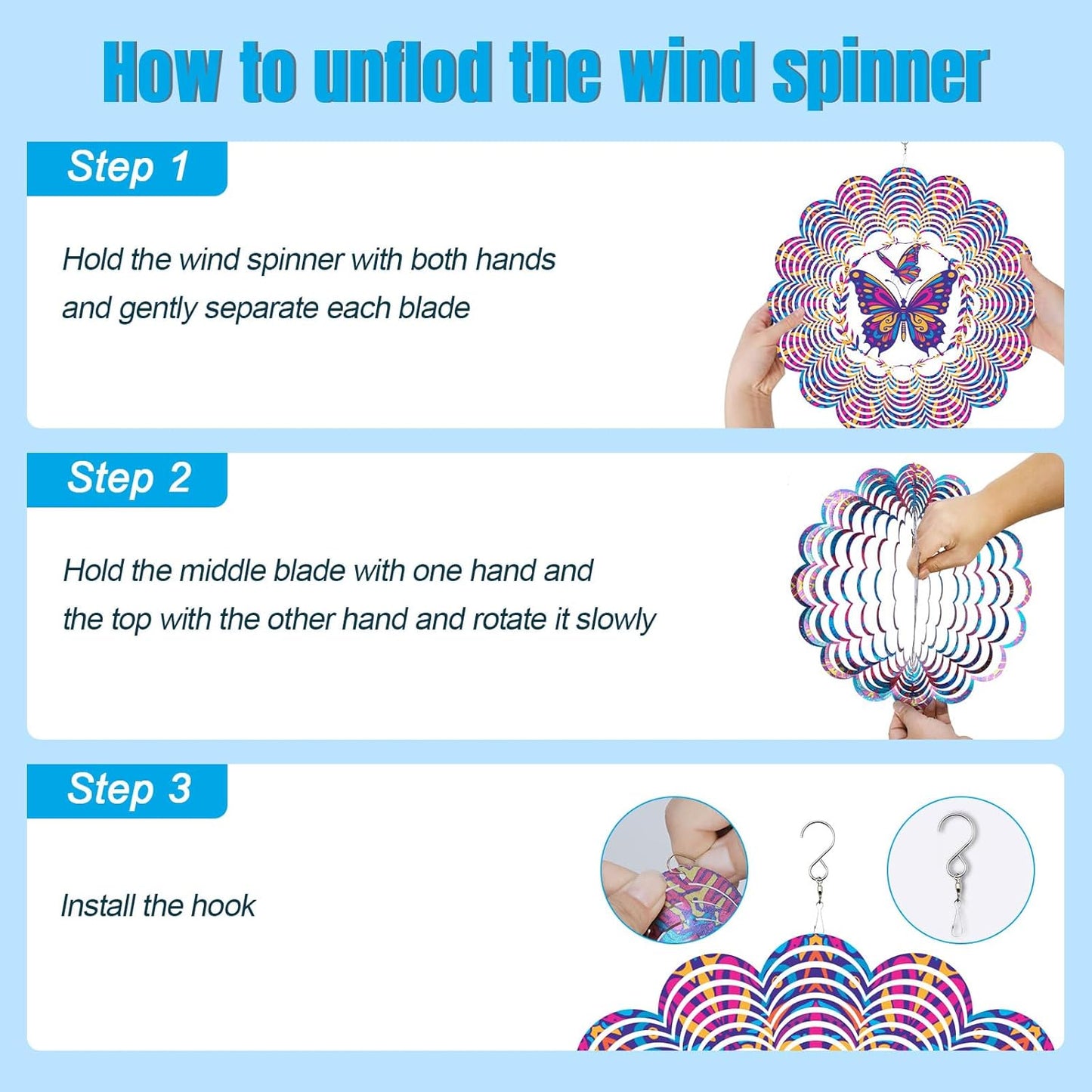 Wind Spinners Outdoor, Butterfly Metal 3D Hanging Garden Decor, 12-inch Stainless Steel Wind Spinner with Tail Spinner, Wind Sculptures for Patio Lawn Yard, Ornament Gift for Women/Men