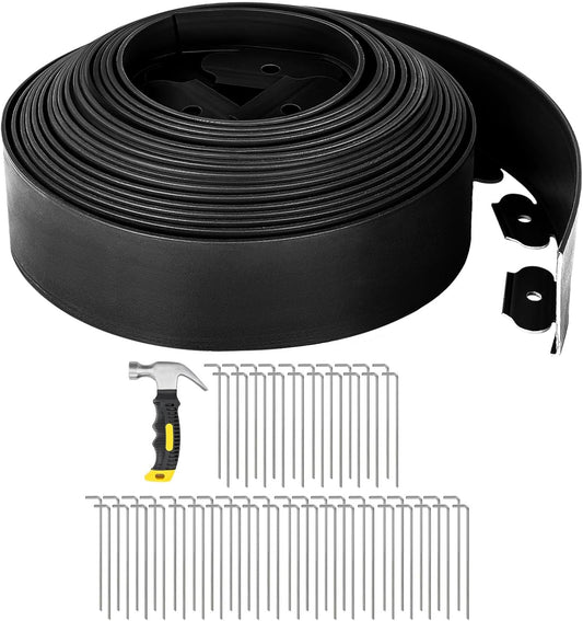 GROWNEER 66FT Landscape Edging Flexible 4 inch Tall Garden Border with 60pcs Galvanized Steel Anchoring Spikes and Hammer Lawn Edging Kit for Flower Bed, Pathway, Landscaping Project, Black