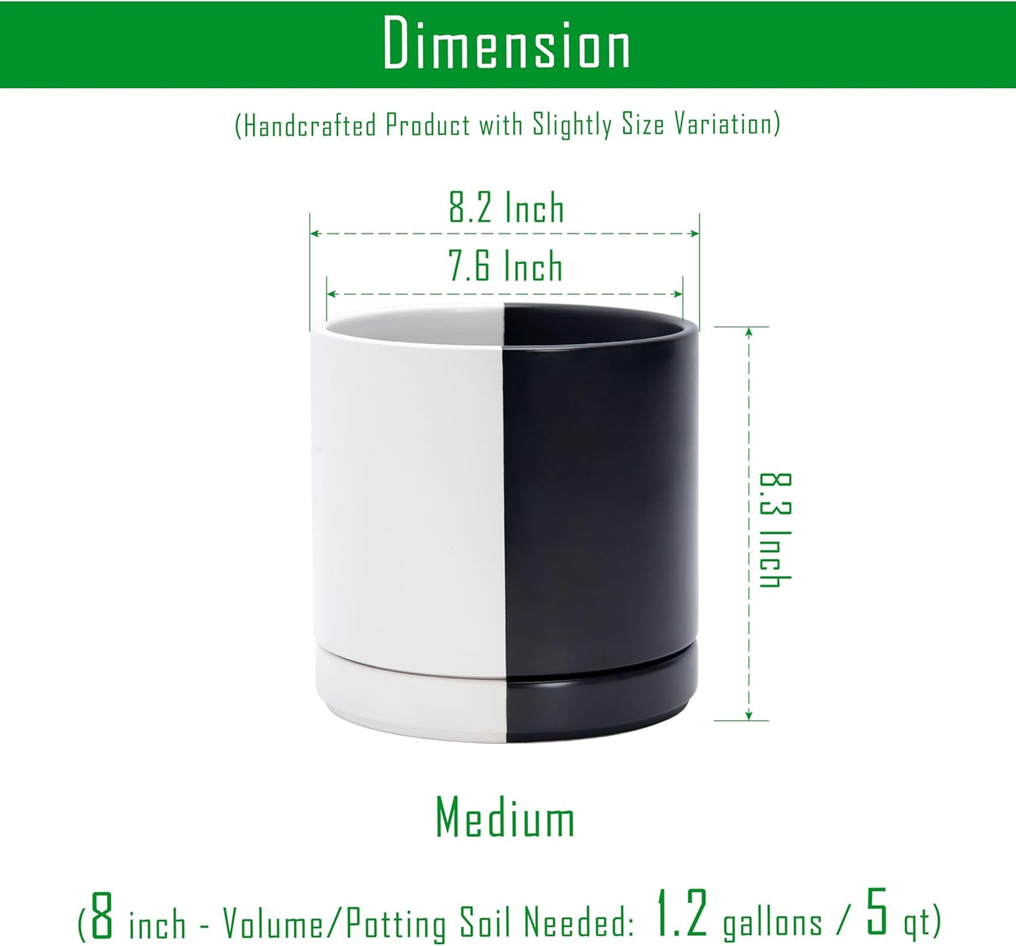 D'vine Dev 8.2 Inch Ceramic Planter Pot with Drainage Hole and Saucer, Indoor Cylinder Round Planter Pot, Split Monochrome Black & White, 94-O-D-0