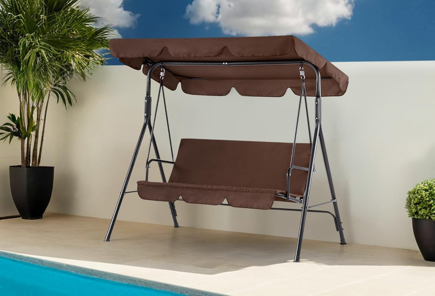MCombo 2-3 Person Outdoor Patio Swing Chair, Convertible Canopy Hanging Swing Glider Lounge Chair, Removable Cushions, 4003 (Brown)