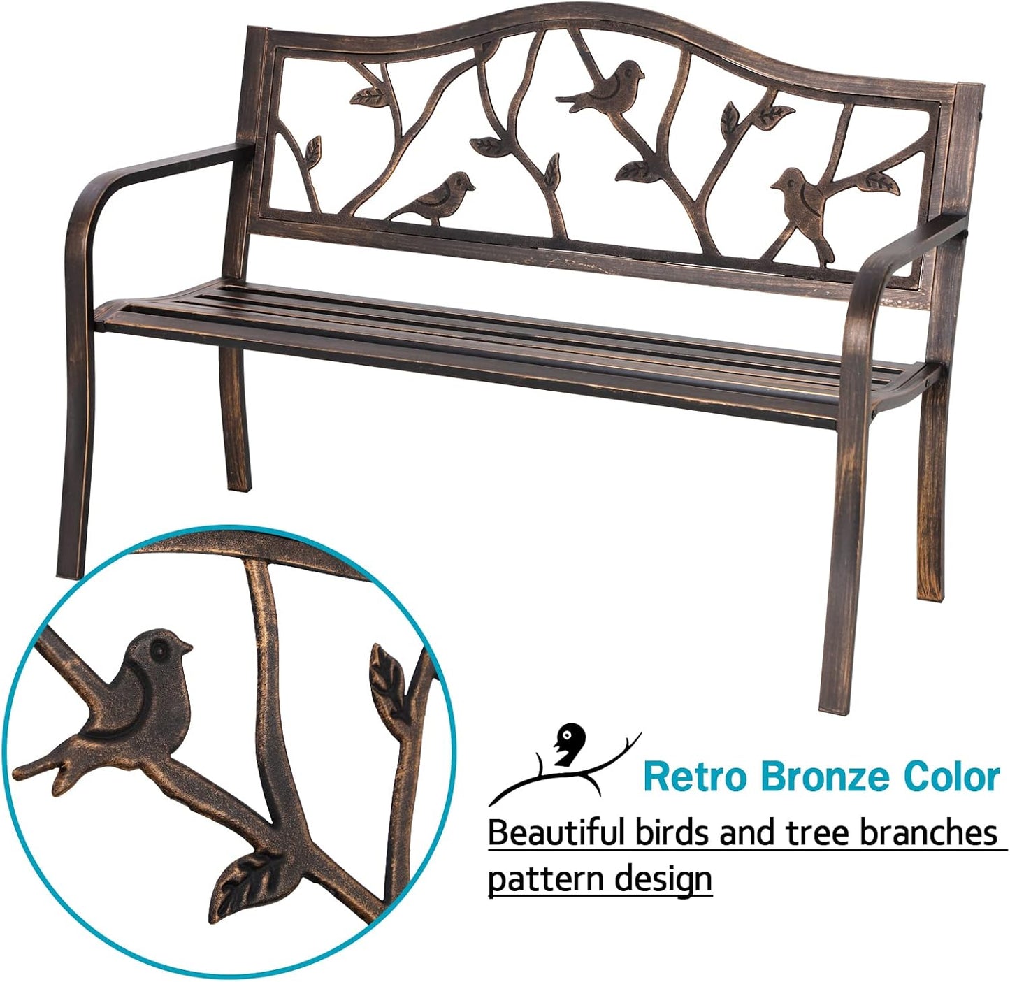 MFSTUDIO 50" Outdoor Garden Bench, Patio Metal Frame Park Bench with Bird Pattern Backrest for Porch, Lawn, Deck(Bronze)