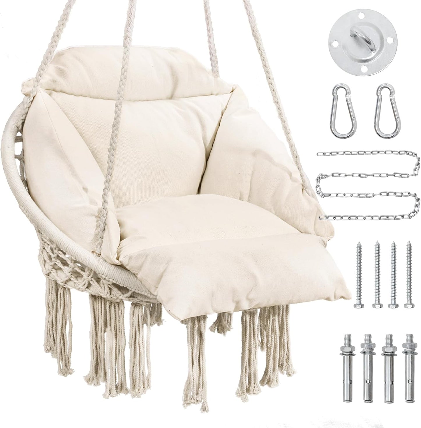 Macrame Hammock Hanging Swinging Chair with Oversized Cushion, Perfect for Bedroom, Porch, Kids, Adults, Balcony, Beige