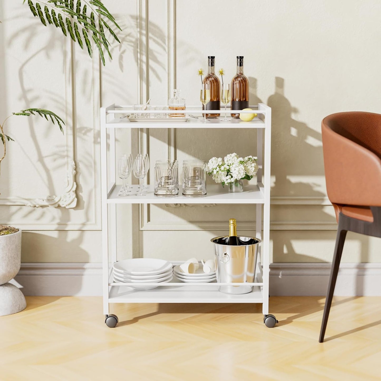 HITNET White Bar Cart, Home Bar Serving Cart, Kitchen Trolley on Wheels with Storage, 3 Tier Rolling Beverage Cart for Living Room Kitchen Home Office