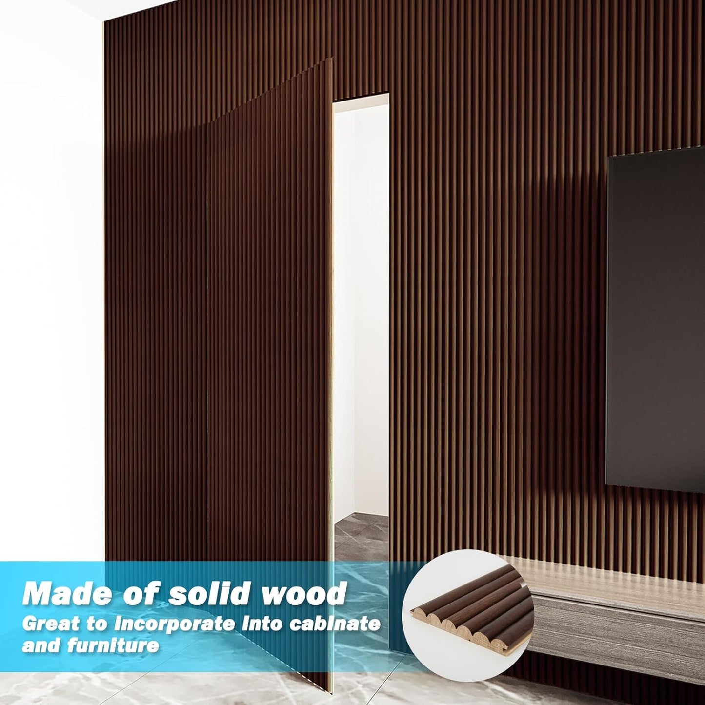 Art3d Fluted Wood Panel for Wall and Ceiling, Beaded Accent molding for Home Decoration, Pack of 4pcs + 1pc End-Trim, Size 108 x 5.7in.- Beaded Walnut