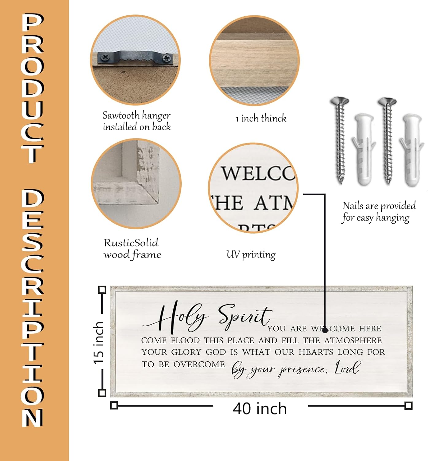 RLWangChao Christian Inspirational Wall Decor Holy Spirit You are Welcome Here Sign 40×15 Inch Bible Verse Plaque Religious Scripture Quote for Living Room Large Wood Framed Wall Hanging (White)