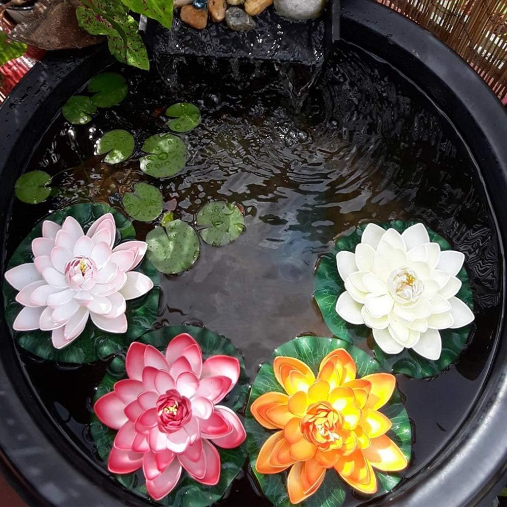 Superdream 4PCS Large Artificial Floating Lotus Flowers, Home Garden Pond Aquarium Wedding Decor (7inch) (Orange, Green, Purple, Pink)