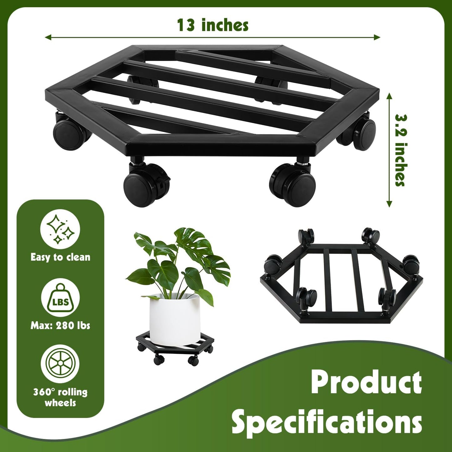 2 Packs 13 inches Large Metal Plant Caddy with Wheels Rolling Plant Stands Heavy-duty Wrought Iron Plant Roller Movers Indoor Outdoor Wheeled Plant Dolly with Casters Tray Coaster, Hexagon black