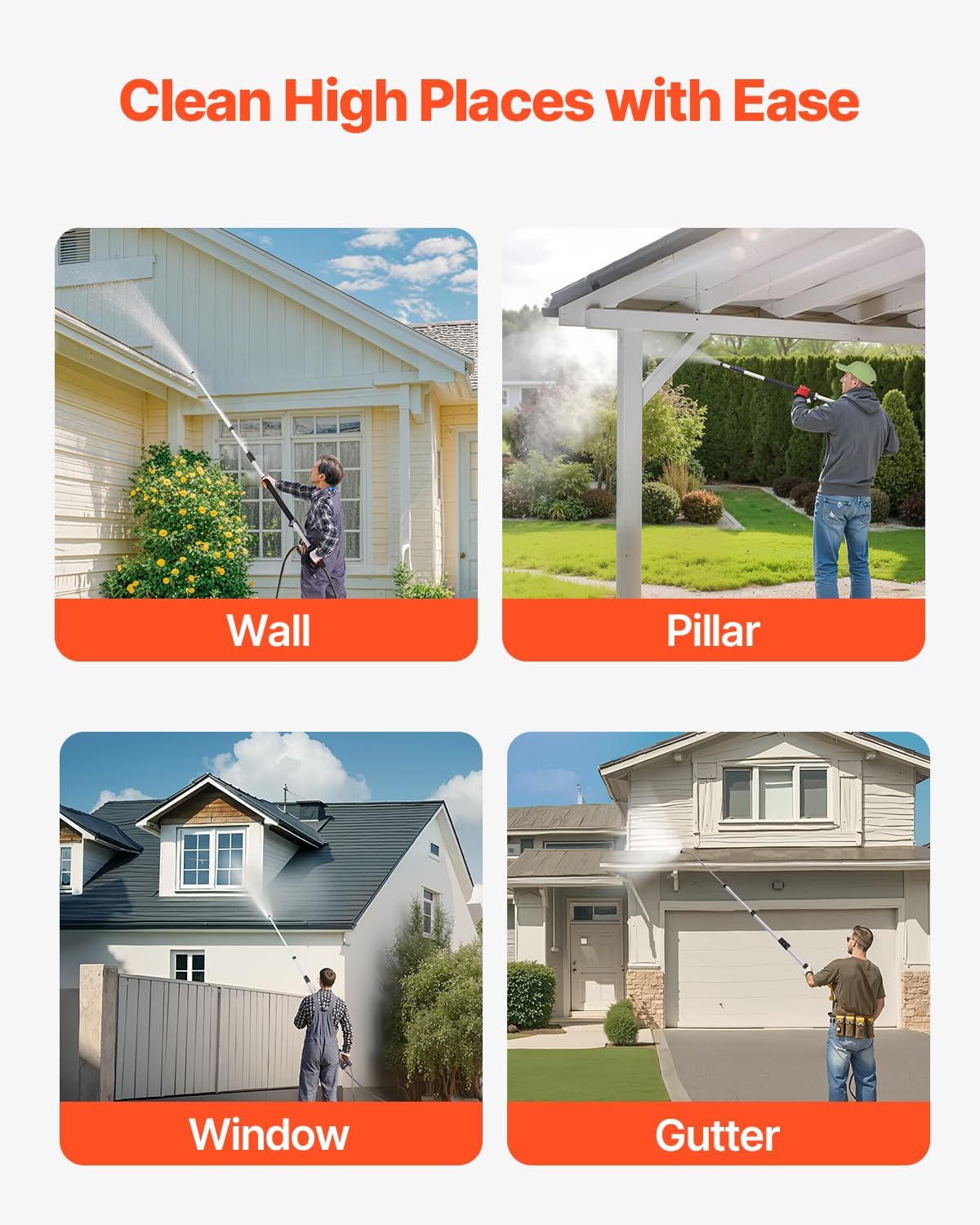 VEVOR Pressure Washer Telescoping Wand, 18 ft, 4000 psi, Telescopic Spray Wand with Power Washer Extension Wands, Gutter Cleaner, Brush Head, 5 Spray Nozzle Tips, Adapter and Adjustable Support Belt